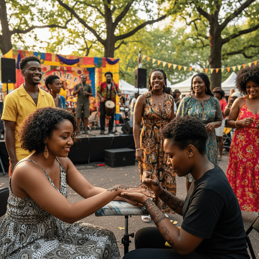 Black henna artist applying intricate design on an African American woman's hand at a vibrant NYC event.