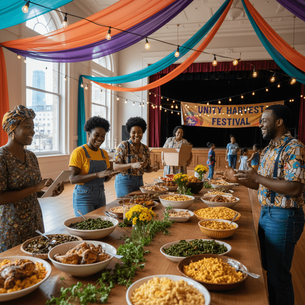 African American event planners happily setting up a vibrant, budget-friendly community event in a Chicago cultural center.