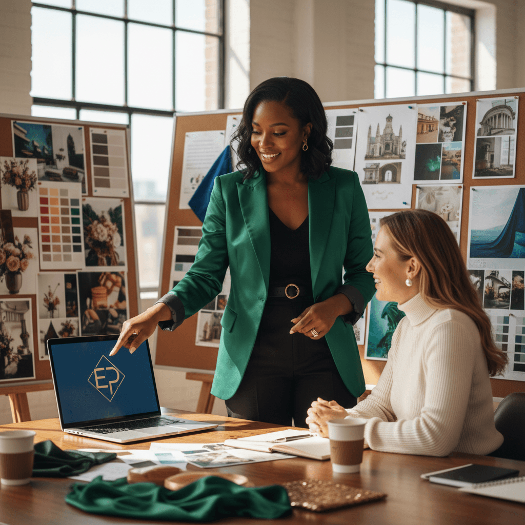 African American event planner discussing a new brand logo with a client in a stylish office.
