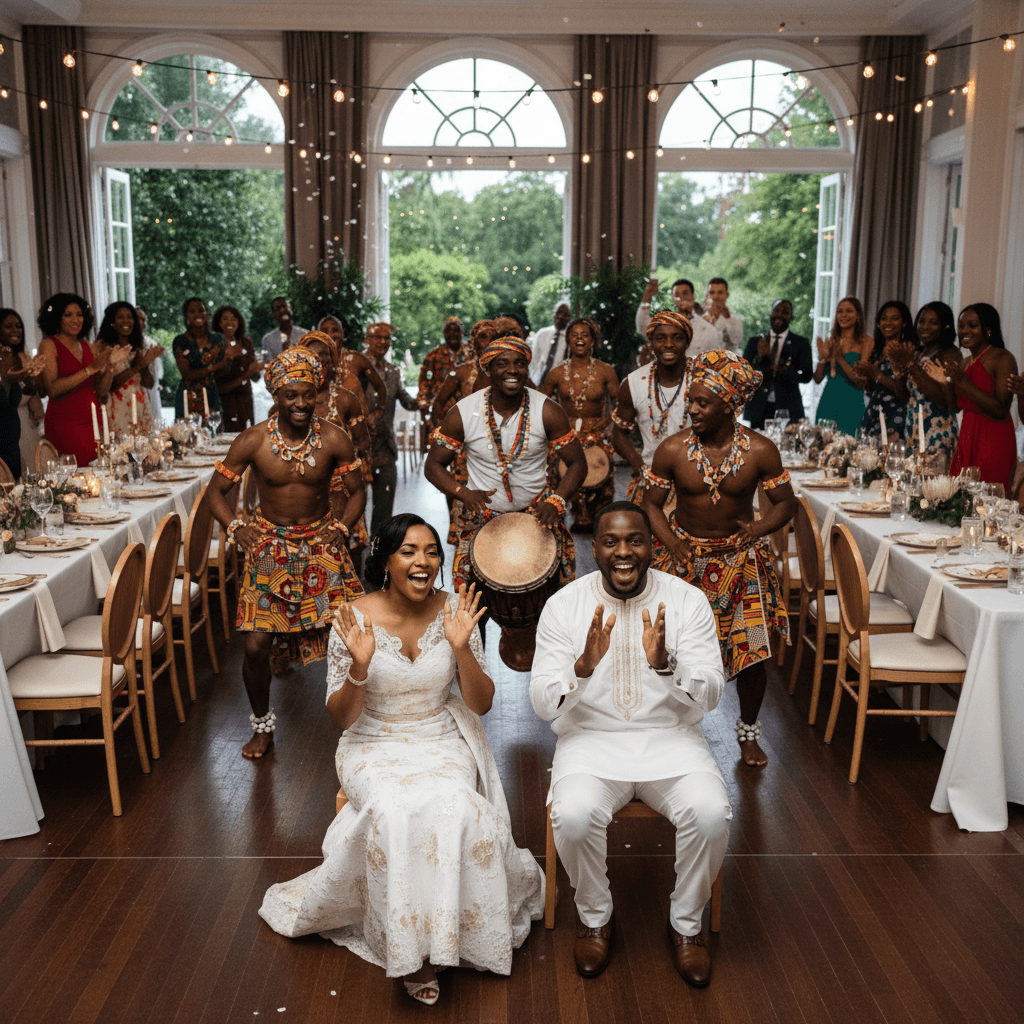 Black wedding couple and guests smiling as an African dance troupe performs at their wedding.