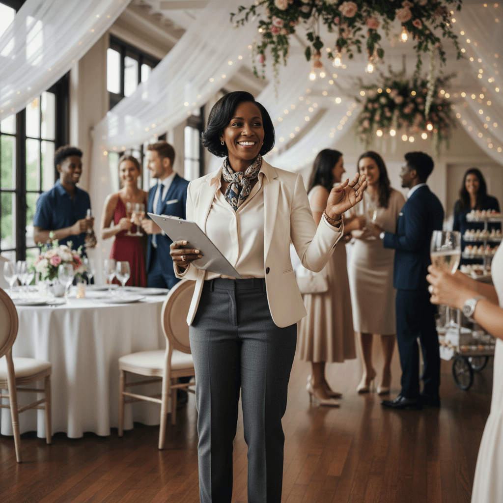 African American event coordinator managing logistics at a sophisticated cultural celebration, ensuring smooth execution.