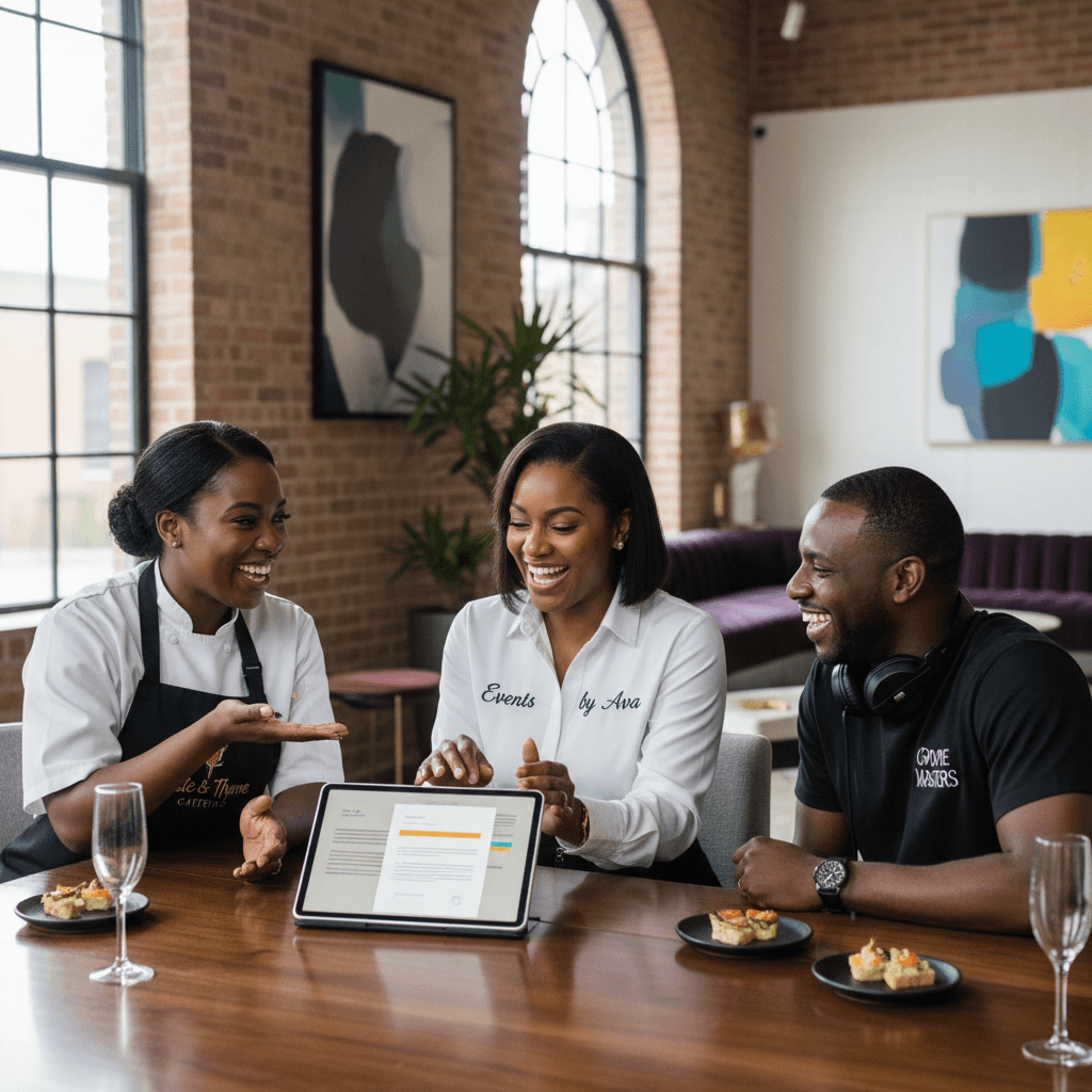 Three Black event business owners discussing collaboration and partnership strategies in a modern venue.