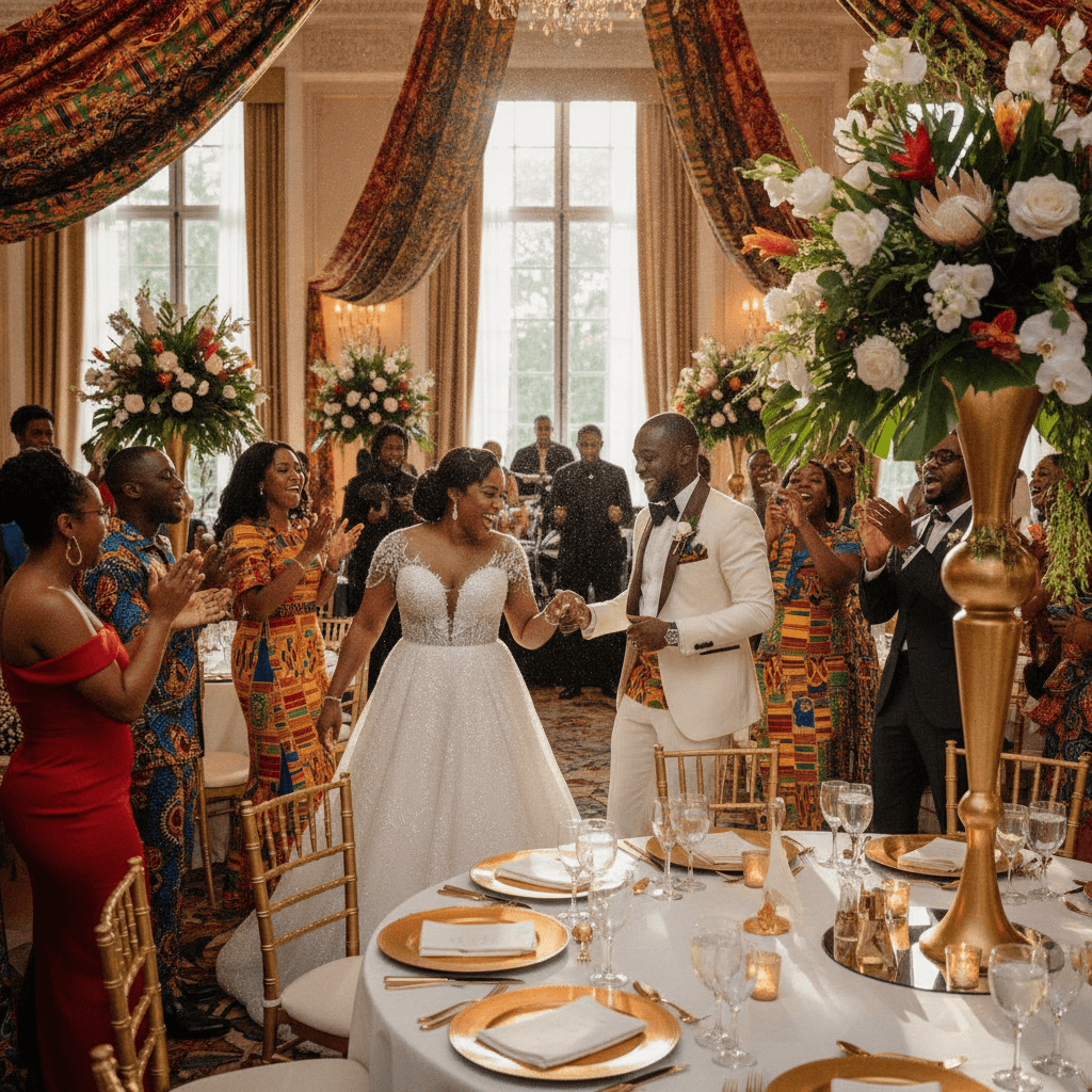 Black couple dancing at a vibrant Atlanta wedding reception with African and Caribbean inspired decor.