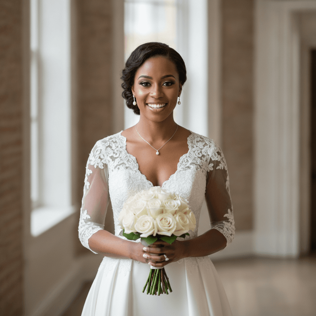 A beautiful African American bride with flawless, natural wedding makeup smiling confidently at her Atlanta wedding.