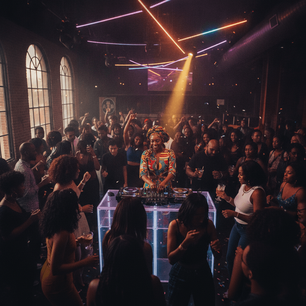 Black female DJ mixing Afrobeats music at a lively party in Atlanta with a dancing crowd.