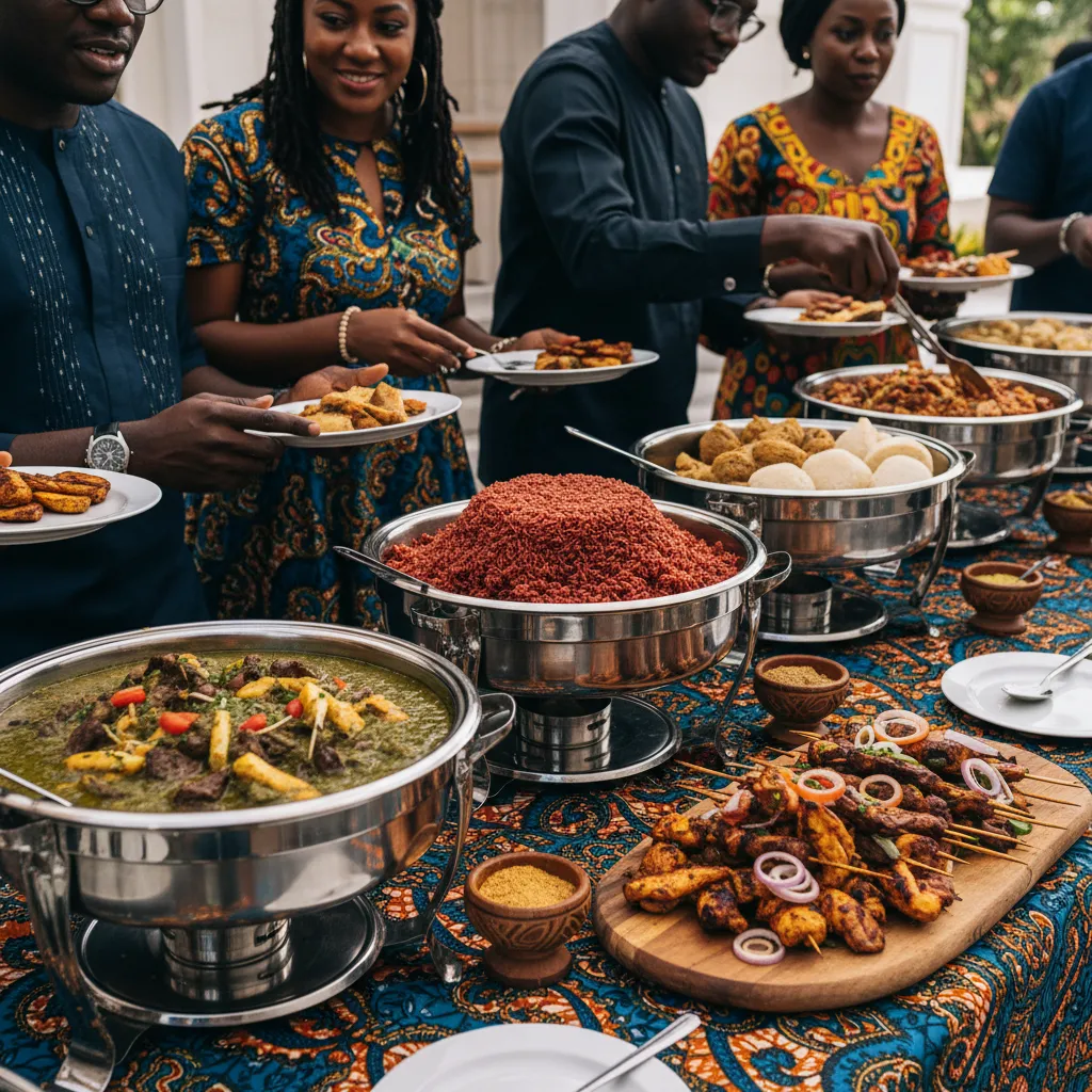 Golden fried plantains, rich Egusi soup, and various grilled meats