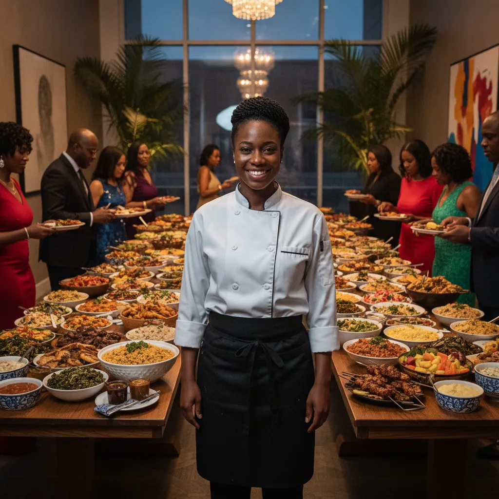 A Black female chef, wearing a crisp white chef's coat, stands proudly behind a beautifully arranged buffet table laden with vibrant
