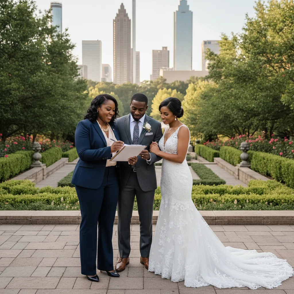 A confident African American female day-of coordinator, dressed professionally, smiling warmly as she reviews a clipboard with a Black couple (bride in white gown