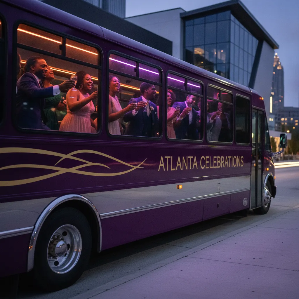 A vibrant party bus, with Black wedding guests laughing and toasting inside, parked outside a modern Atlanta event venue at dusk