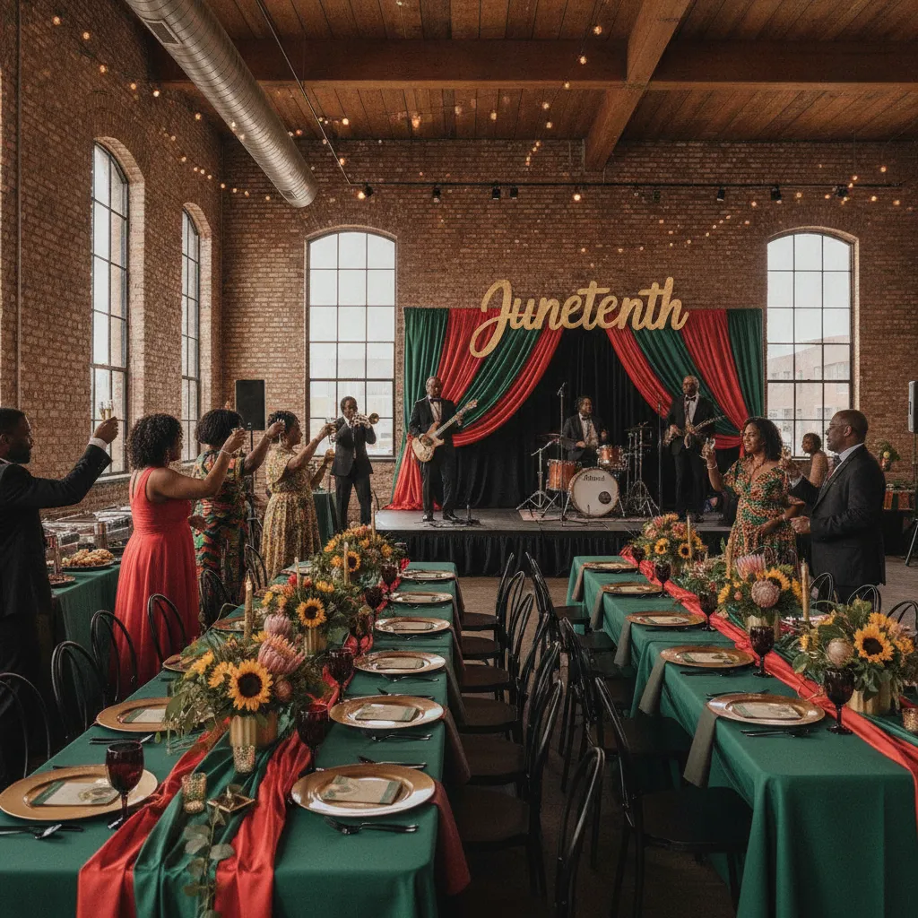 A vibrant Juneteenth wedding reception setup in an industrial-chic loft venue in Atlanta, featuring long tables adorned with red, green, and black linens, elegant centerpieces with sunflowers