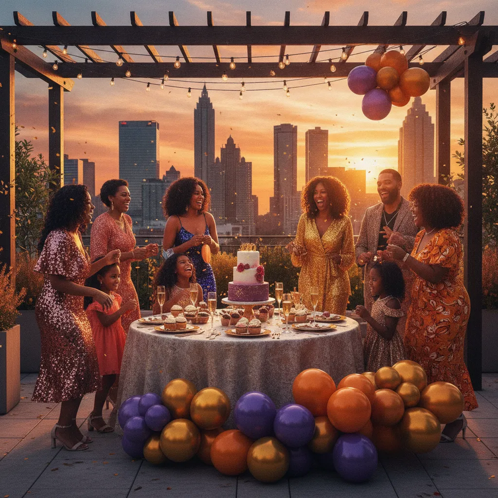 A vibrant Black family celebrates a birthday party on a beautifully decorated rooftop in Atlanta during the golden hour. Guests are dressed in festive attire, laughing and dancing
