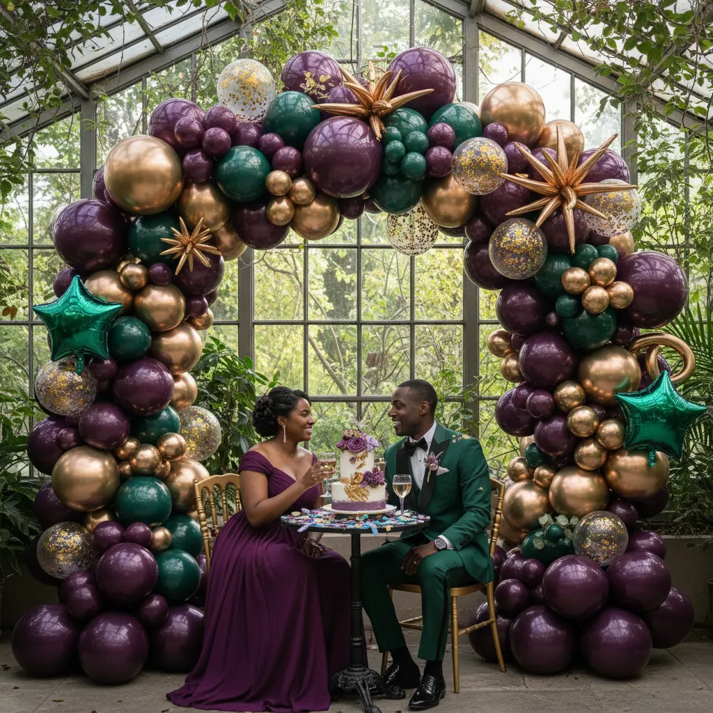A vibrant, organic balloon garland installation in rich purples, golds, and emerald greens