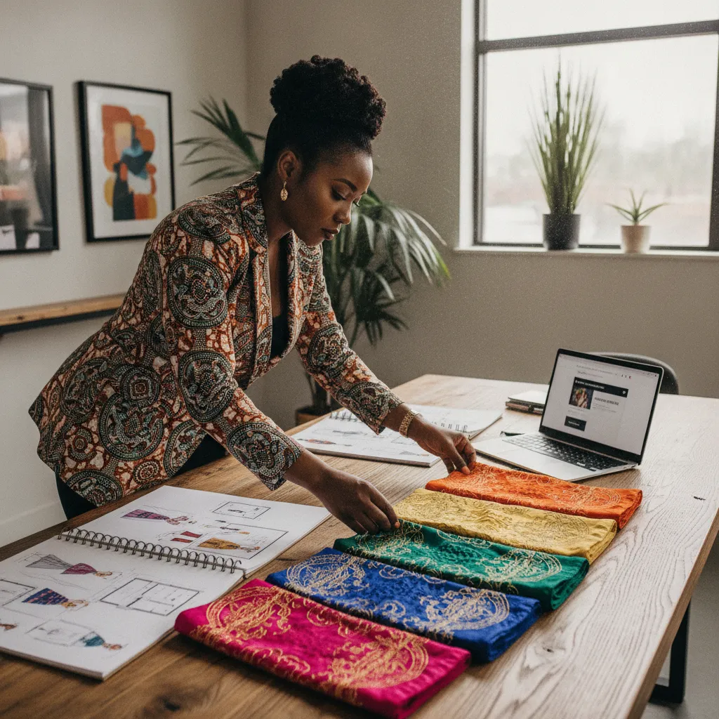 A Black event planner meticulously organizes swatches of vibrant Aso Ebi fabrics on a large table, with design sketches and a laptop open to Ajola's vendor search page in the background