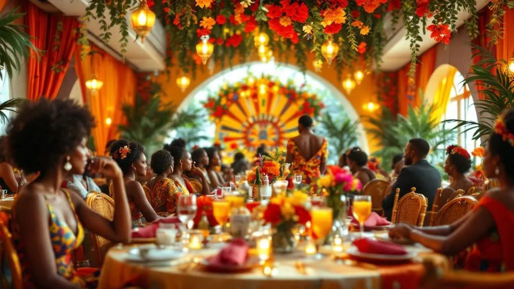 A beautifully decorated wedding venue reflecting African American culture, traditional patterns