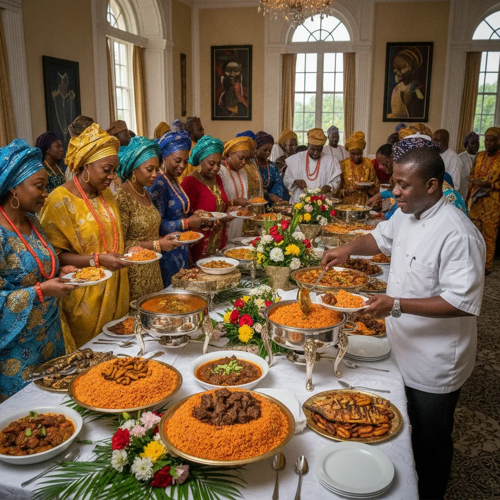 A diverse group of African American guests in vibrant traditional attire are gathered around an elegantly decorated buffet table laden with an array of Nigerian dishes like Jollof rice, plantains
