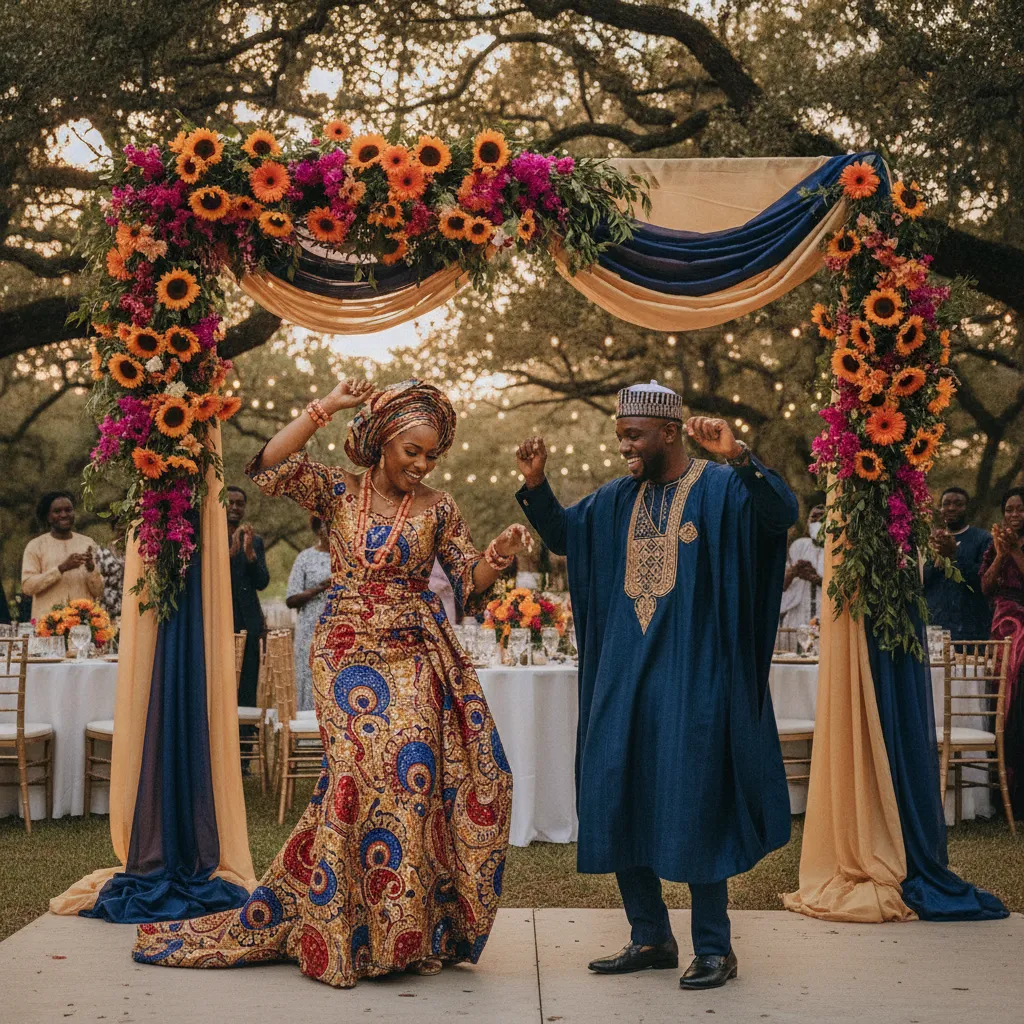 A vibrant African American couple in traditional attire, smiling and dancing joyfully under a beautifully decorated archway at an outdoor wedding reception in Atlanta