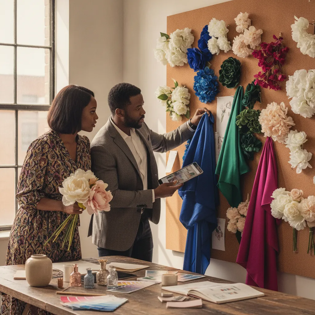 An African American event planner and a Black female decorator reviewing fabric swatches and floral arrangements on a design board in a