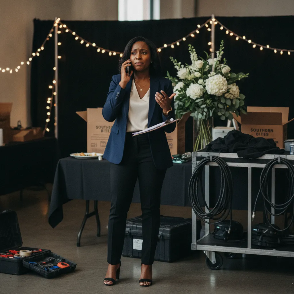 A Black female event planner is on the phone, looking slightly concerned but composed, in a beautifully decorated but slightly chaotic backstage area of an event venue in Atlanta
