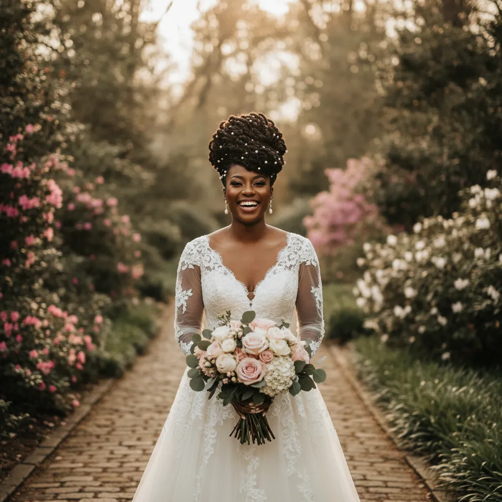A vibrant African American bride with an elaborate, textured natural hair updo, adorned with delicate pearls, smiling brightly on her wedding day in a sunlit Atlanta garden