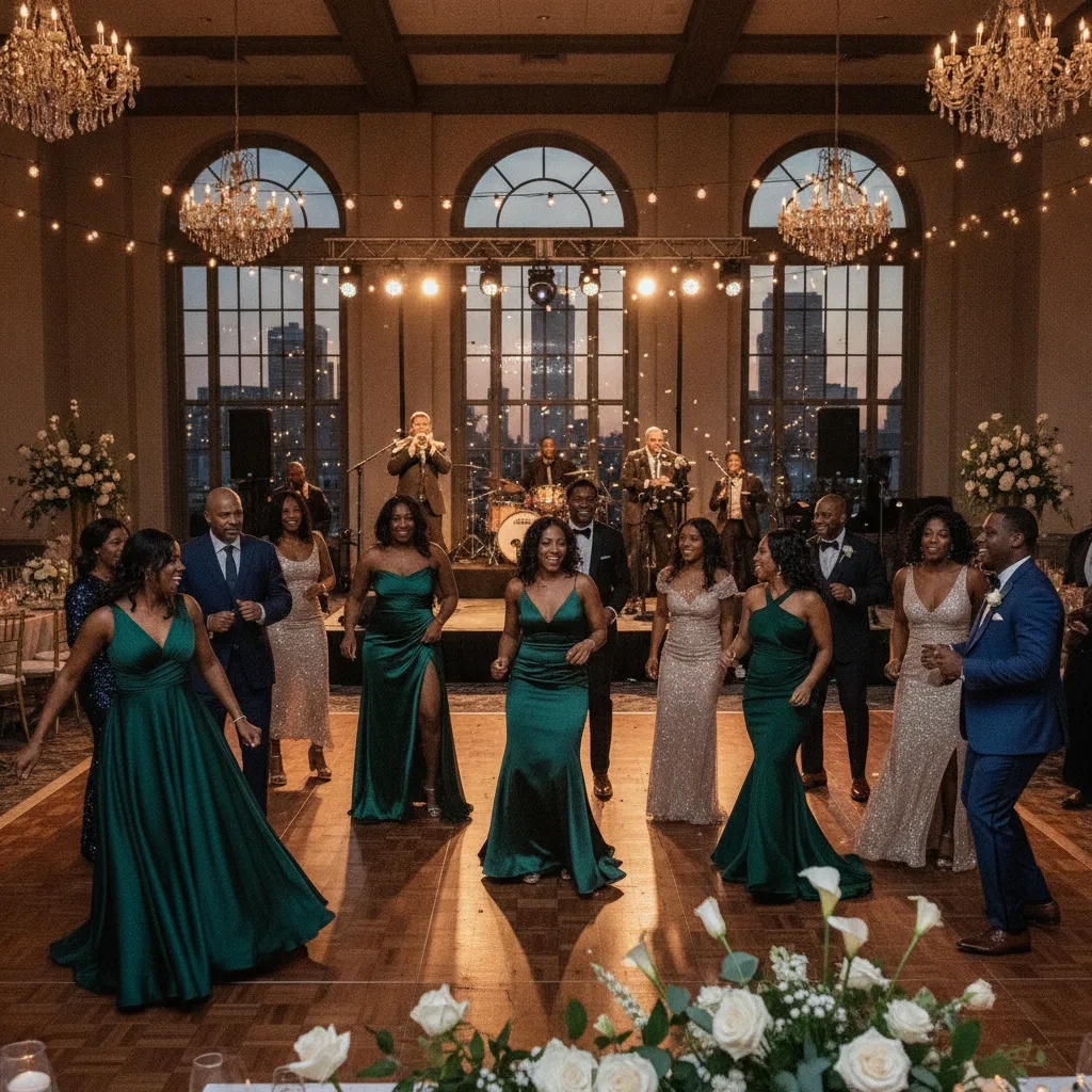 A diverse group of African American guests, dressed in elegant attire, are joyfully dancing to a live band on a polished dance floor at a wedding reception in a beautifully lit Atlanta venue