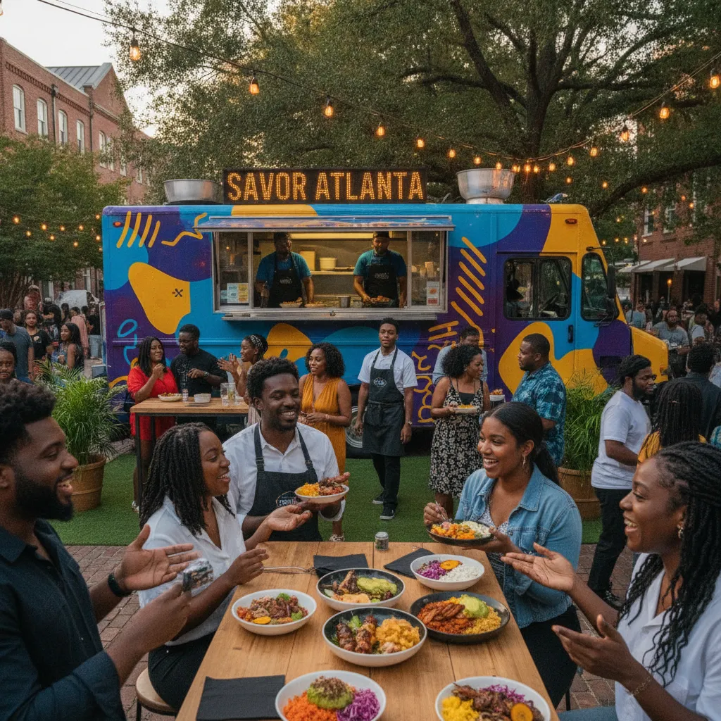 A lively outdoor event scene in Atlanta, with a diverse group of African American guests happily interacting around a bright