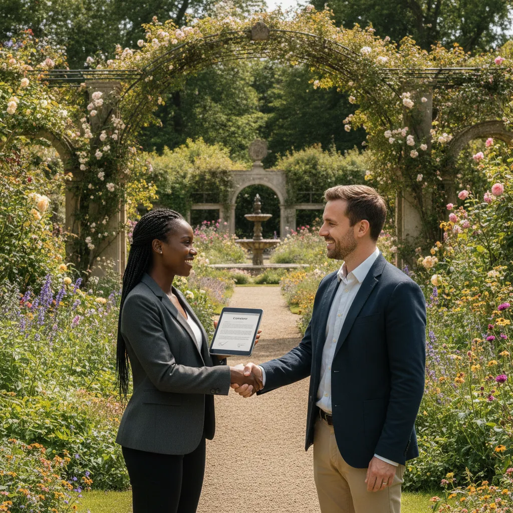 An African American event planner and a venue coordinator shaking hands after reviewing a contract on a tablet