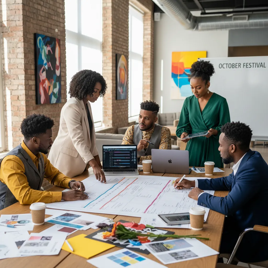 A diverse team of African American event planners and vendors, including a caterer, a DJ, and a florist, gathered around a large table