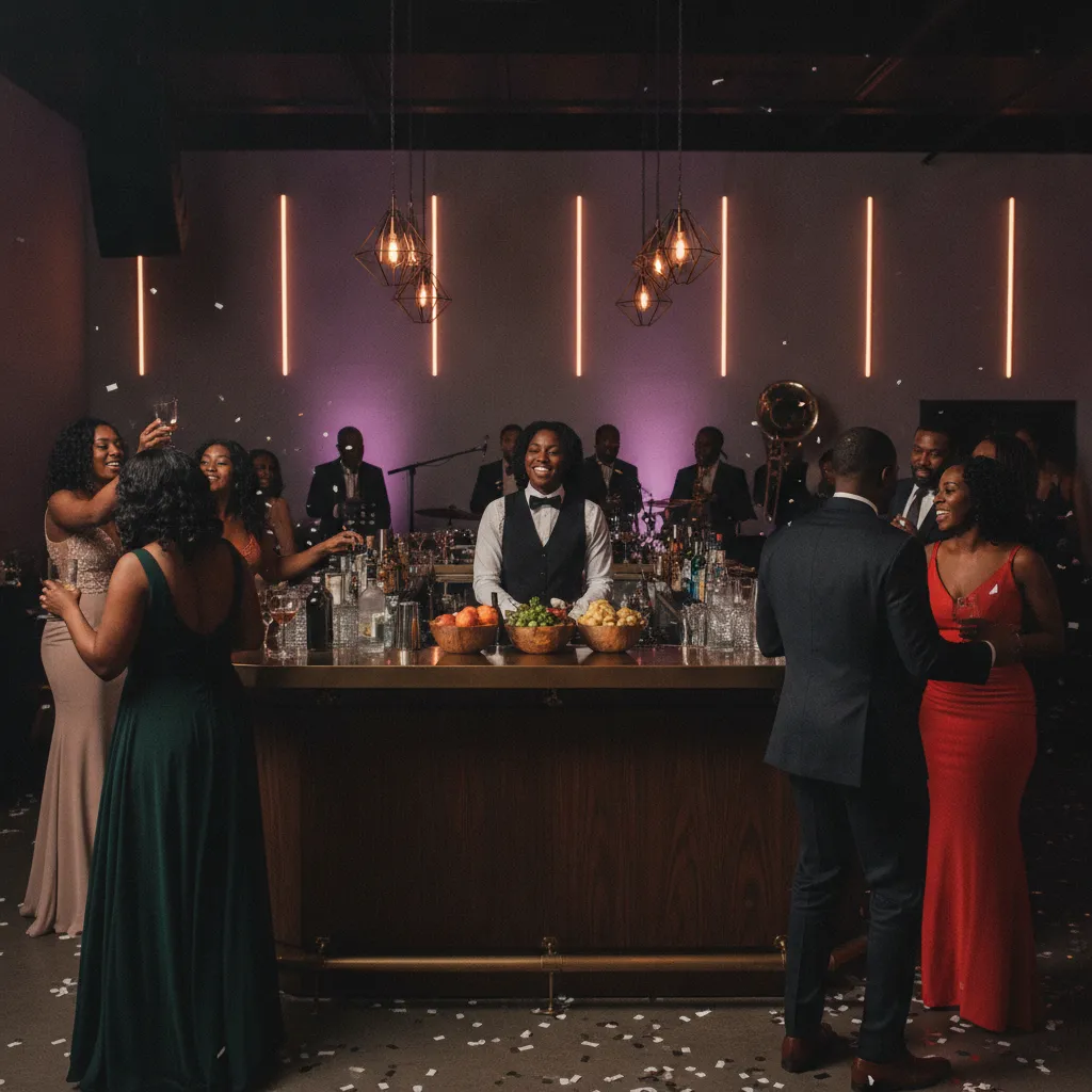 A lively Black wedding reception in a modern Atlanta venue with elegant lighting