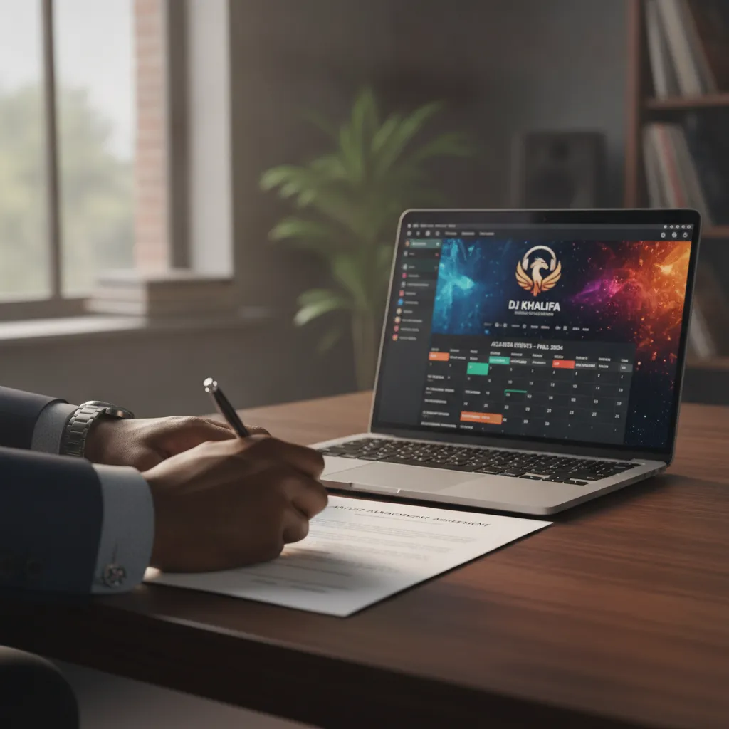 A close-up of a hand signing a contract, with a laptop displaying a DJ's portfolio and a calendar open to a busy Atlanta event season on the table. The lighting is soft and professional.