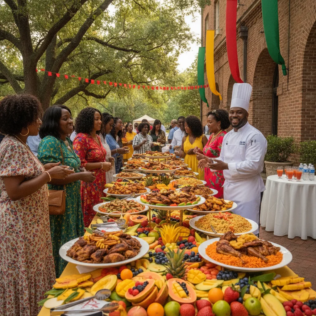 A vibrant outdoor event in Atlanta, featuring Black and African American guests mingling around a beautifully decorated buffet table laden with colorful Caribbean dishes like jerk chicken
