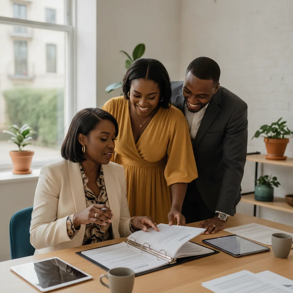 A Black wedding planner, wearing a stylish blazer, earnestly discusses a contract with a smiling African American couple