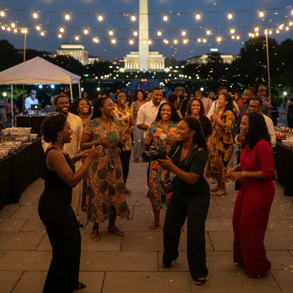 A diverse group of joyful African American and Afro-Caribbean guests dancing at a vibrant outdoor evening event in Washington D.C.