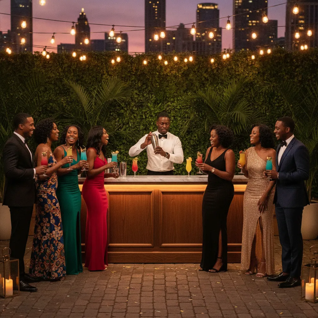 A vibrant, outdoor evening event in Atlanta with Black guests elegantly dressed, laughing and holding colorful cocktails. A professional Black male bartender in a crisp white shirt and bow tie is expertly shaking a cocktail behind a stylish bar, with string lights and lush greenery in the background.