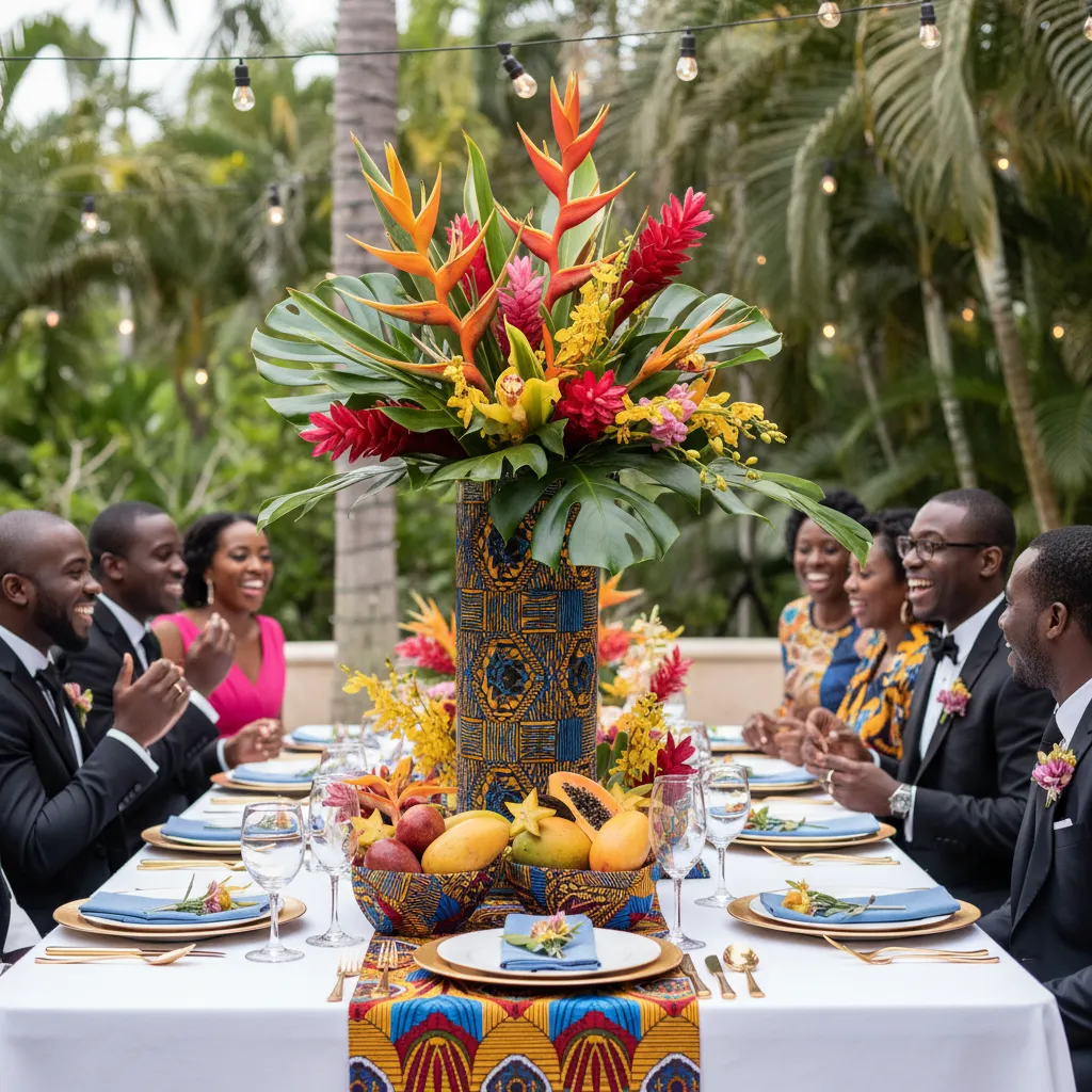 A beautifully set wedding reception table adorned with vibrant Ankara fabric centerpieces