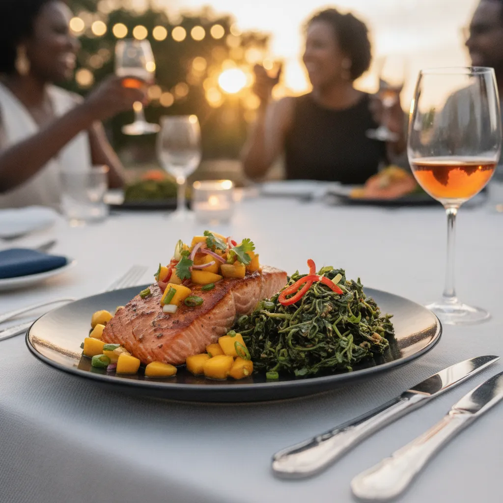 A beautiful close-up of a perfectly plated Caribbean dish, possibly jerk salmon with mango salsa and vibrant callaloo, garnished with fresh herbs, on a elegant table setting at an evening event