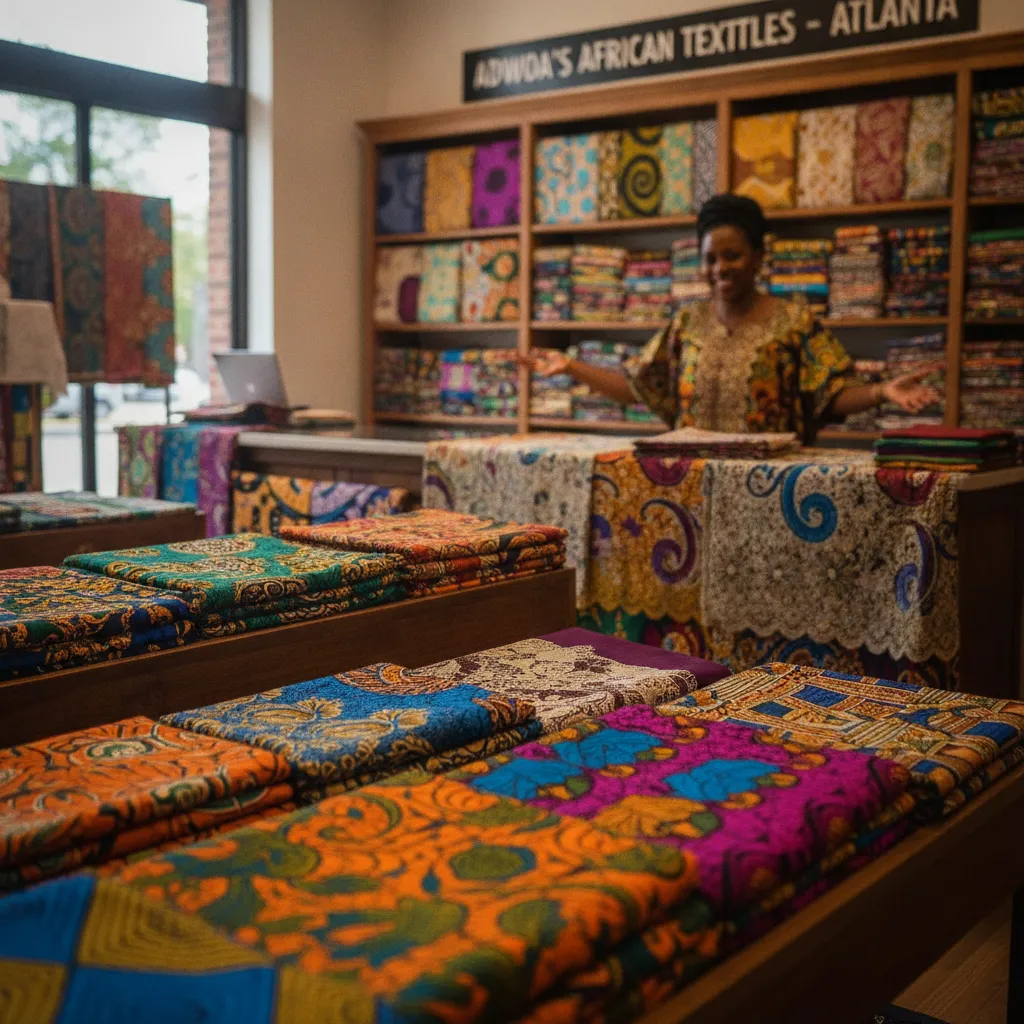 A vibrant display of various African fabrics, including Ankara, lace, and damask, neatly folded and arranged in a colorful textile shop in Atlanta