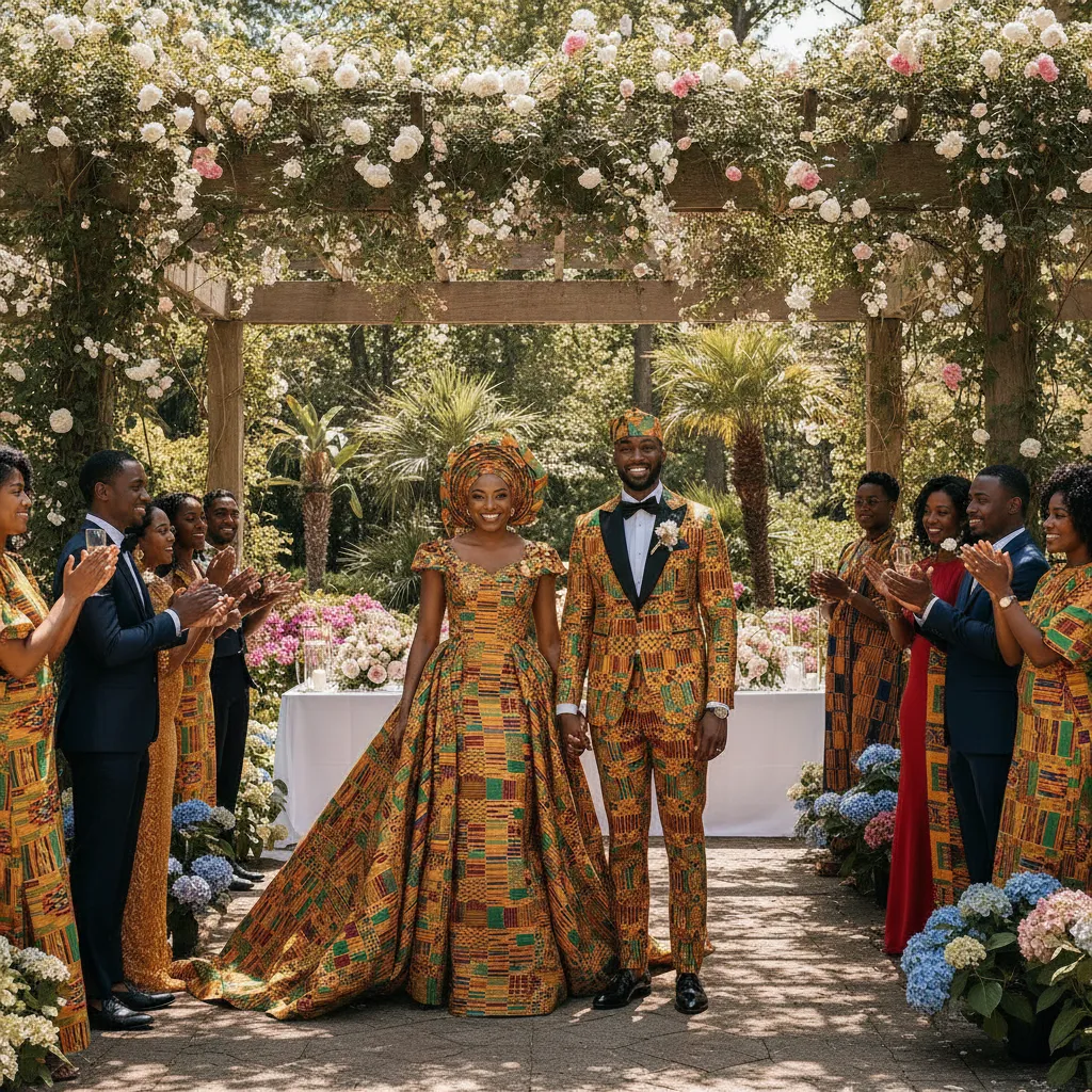 An elegant African American couple, dressed in traditional Kente cloth, stands under a beautifully decorated pergola in a lush garden venue in Atlanta, surrounded by smiling guests