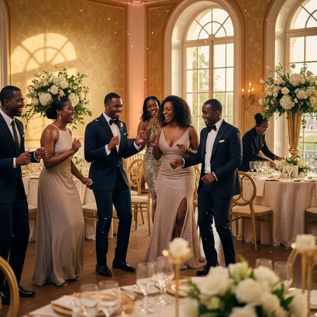 A diverse group of African American guests, dressed in elegant evening wear, are laughing and dancing at a beautifully decorated event space