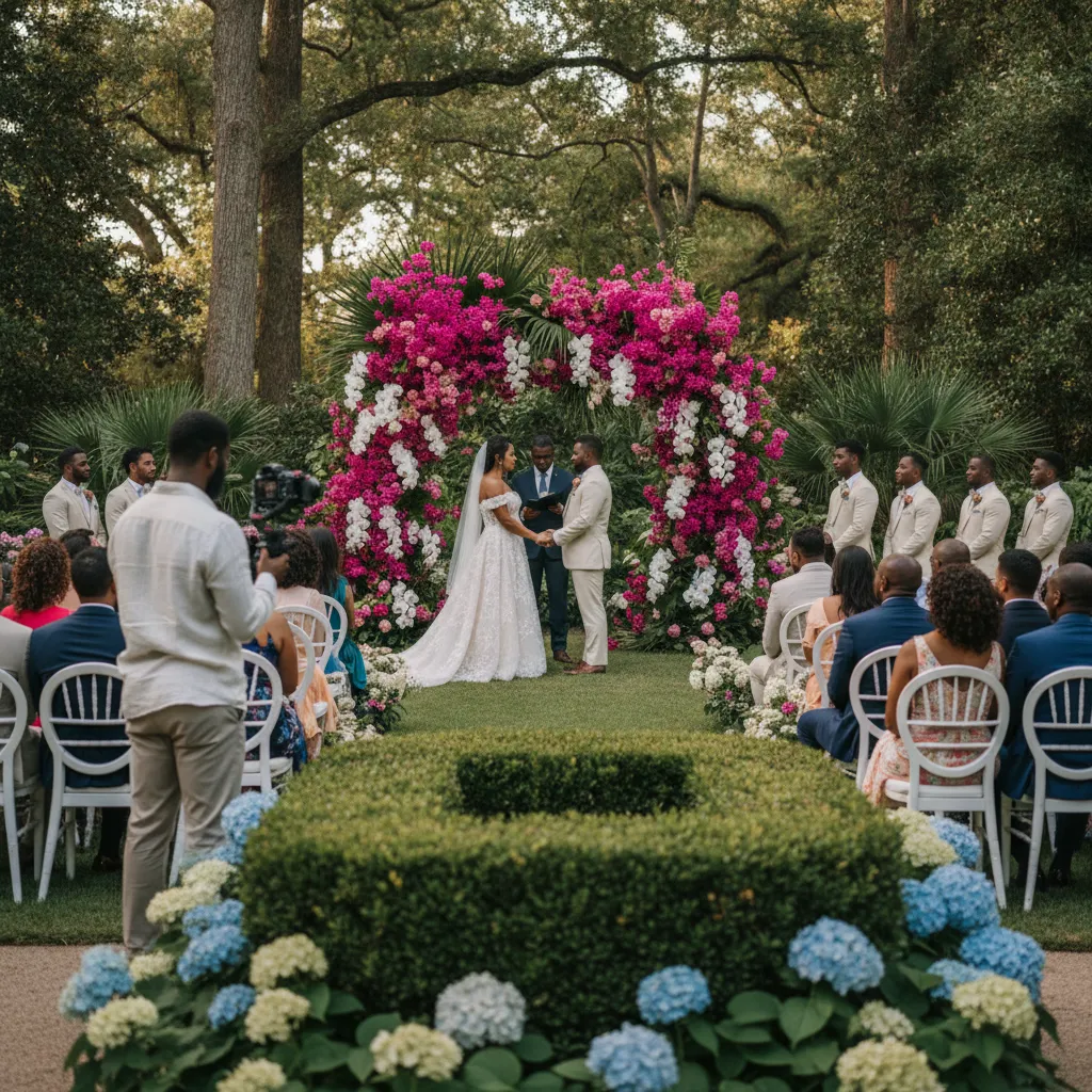 A Black videographer discreetly filming a Caribbean wedding ceremony taking place outdoors in a lush Atlanta garden. The couple exchanges vows under a floral arch, with guests seated in white chairs