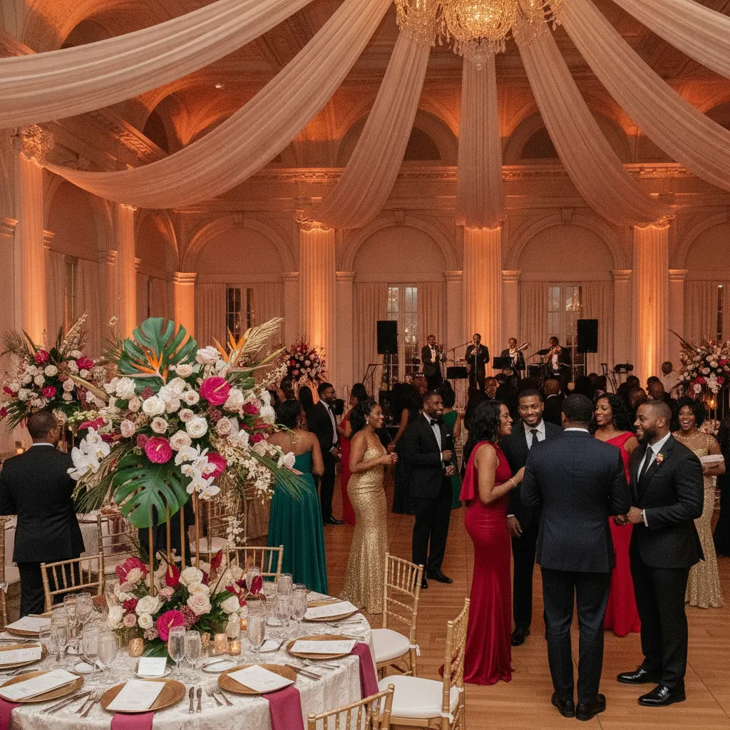 A beautifully decorated reception hall in Atlanta, featuring elegant drapery, lush floral centerpieces with tropical accents