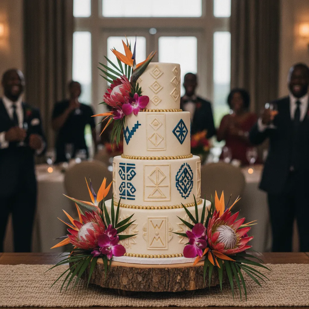 Multi-tiered wedding cake adorned with intricate African-inspired patterns and fresh tropical flowers