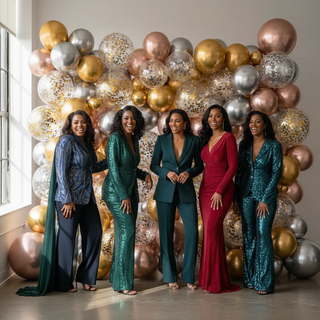 A group of stylish African American women posing in front of a shimmering balloon photo booth backdrop featuring various shades of metallic