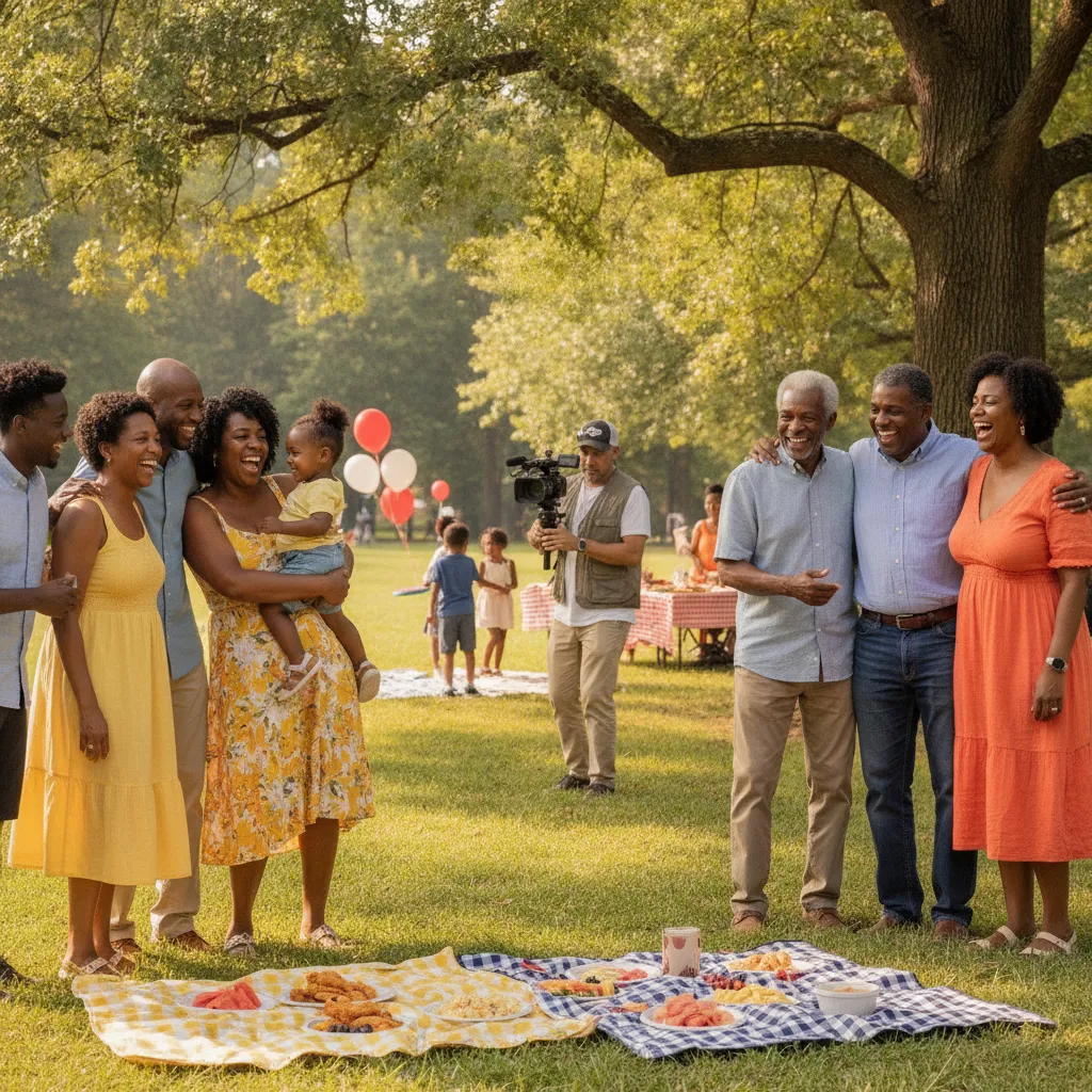 A multigenerational African American family laughing and hugging during a reunion picnic in a sunny Atlanta park, with a professional videographer discreetly filming in the background.