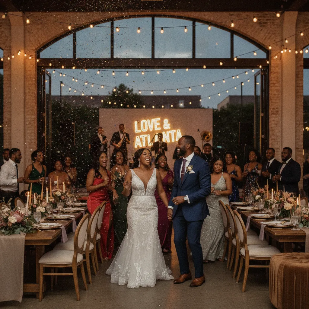 A vibrant African American wedding reception, with guests dancing energetically under string lights in a beautifully decorated indoor-outdoor venue in Atlanta
