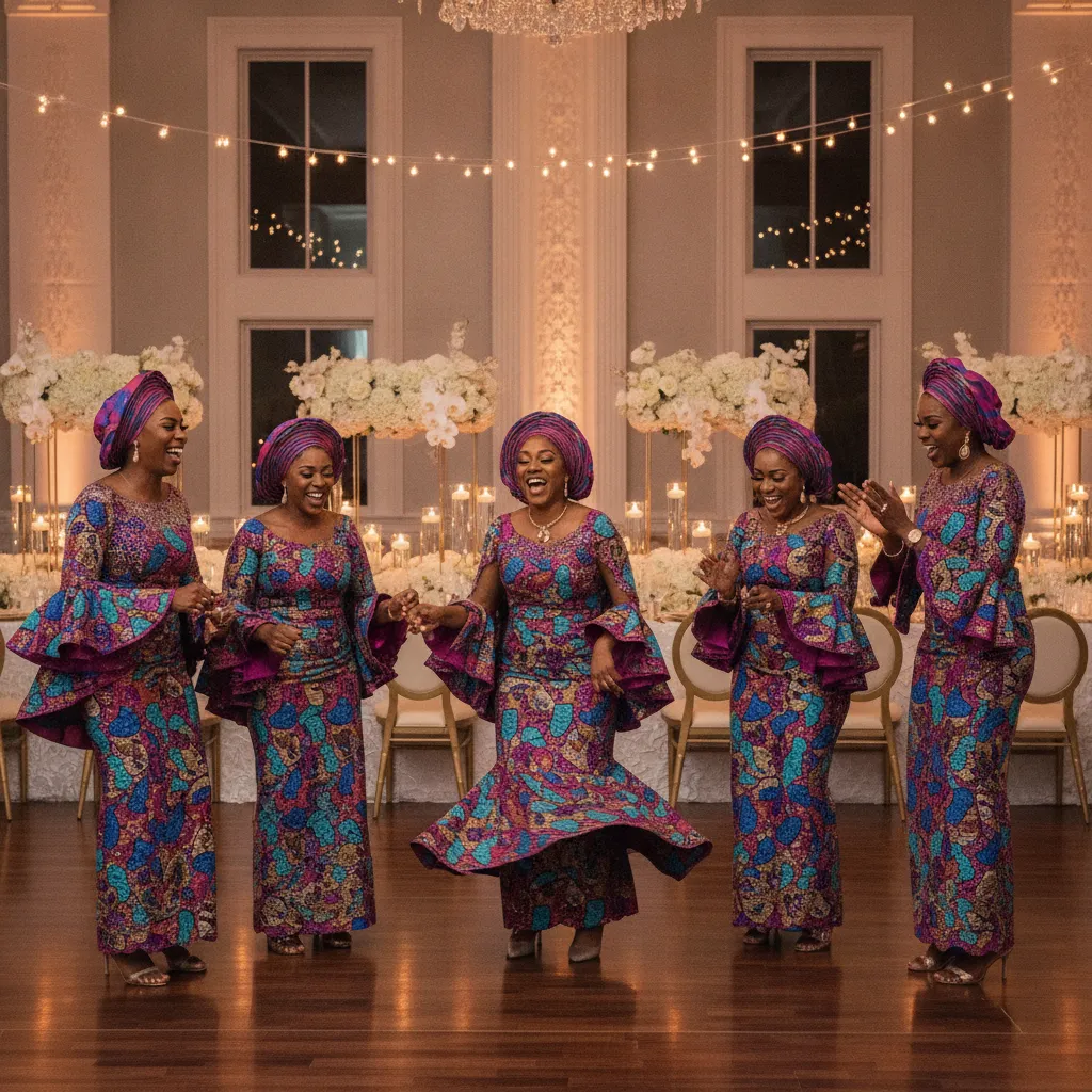 A group of African American women, dressed in vibrant, matching aso-ebi attire, laughing and dancing joyfully at a beautifully decorated event space in Atlanta