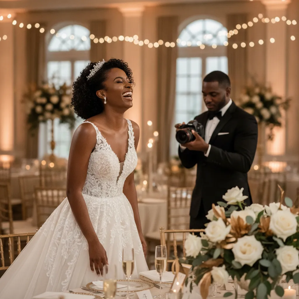 A close-up, candid shot of a Black bride in an elegant white gown, laughing joyfully while a Black wedding photographer, in the background