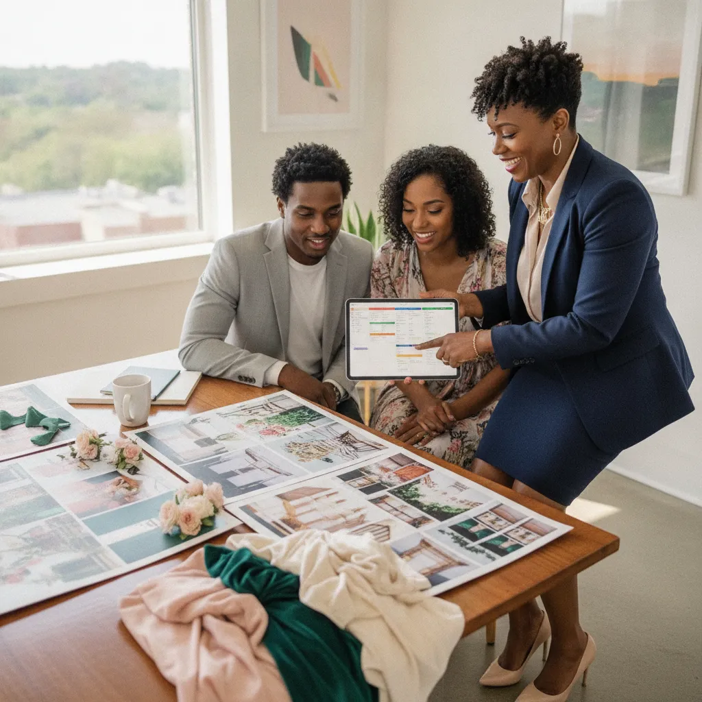 A Black female event planner in her late 30s, dressed professionally, smiling warmly as she reviews a detailed event timeline on a tablet with a young Black couple in a modern