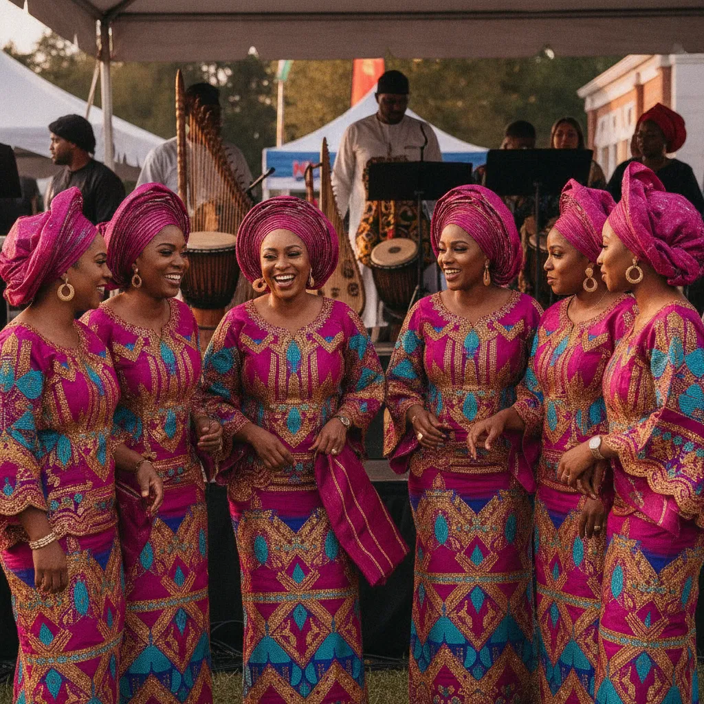 A group of Black women, elegantly dressed in vibrant matching aso-ebi outfits with intricate patterns and gele headwraps, are gathered at an outdoor cultural event in Atlanta