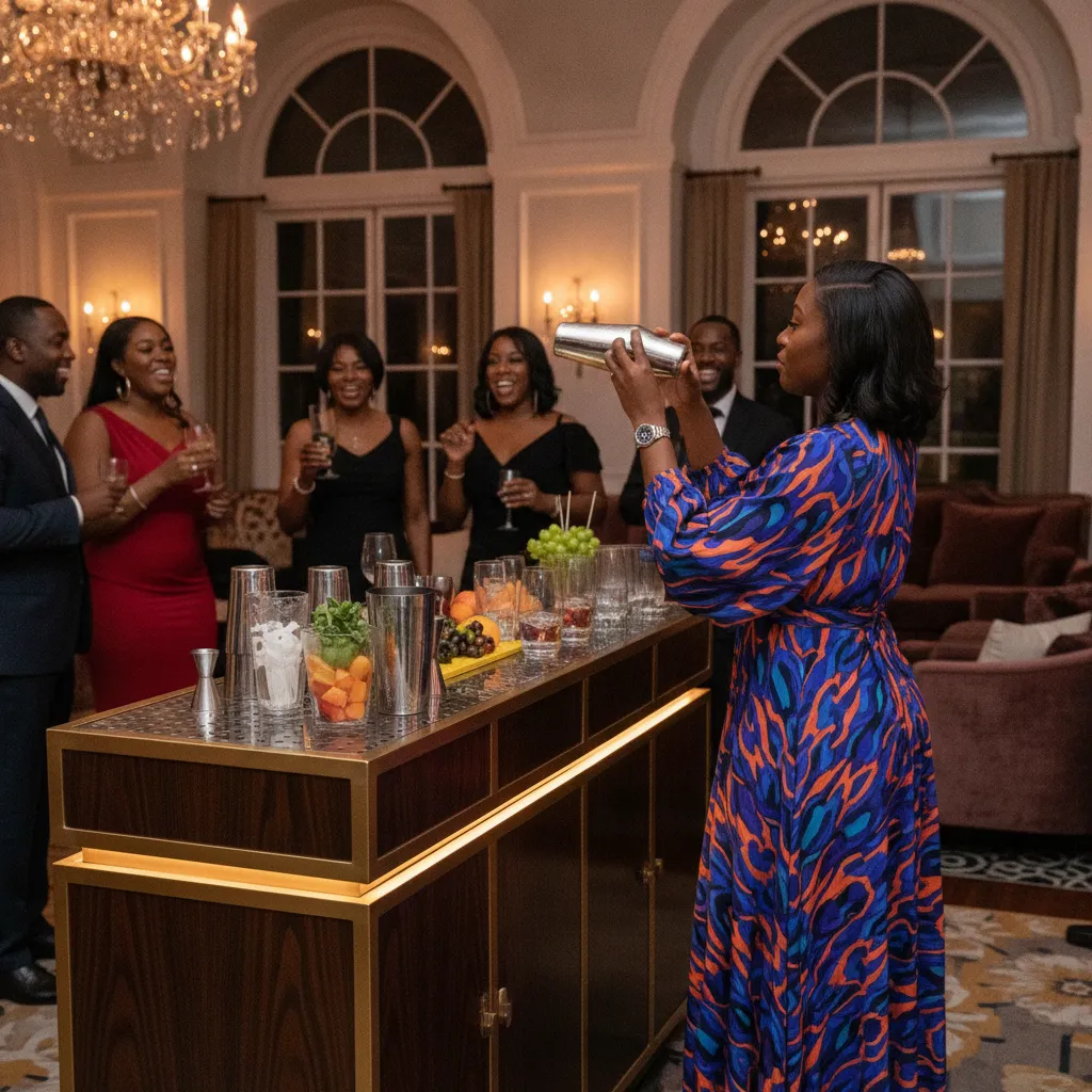 A stylish Black female bartender in a vibrant, modern cocktail dress expertly shaking a cocktail shaker behind a sleek, well-lit portable bar