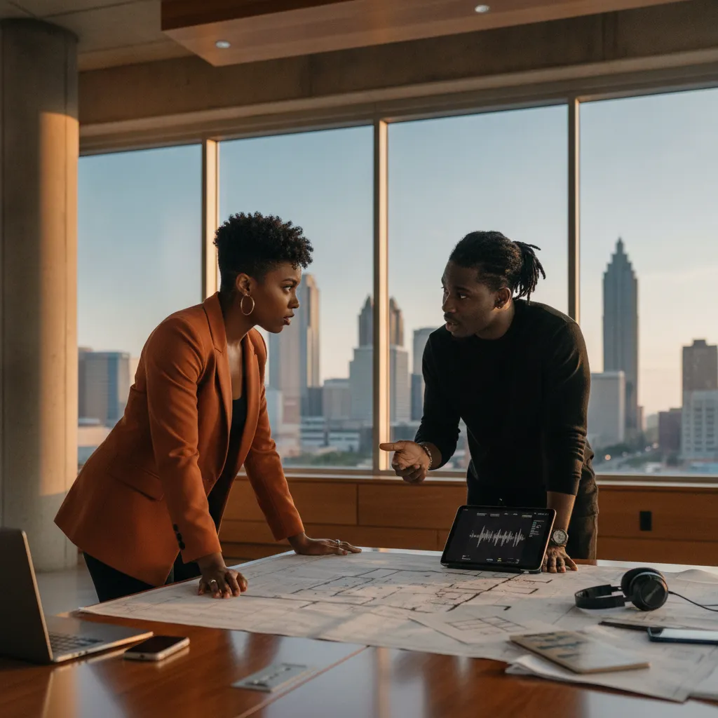 A Black event planner in Atlanta having a focused discussion with an Afrobeats DJ at a modern event venue